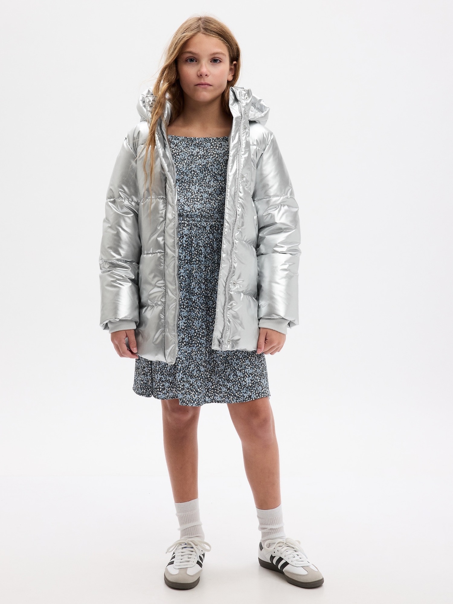 Girls' Recycled Heavyweight Puffer Jacket by Gap Silver Metallic Size S (6/7)