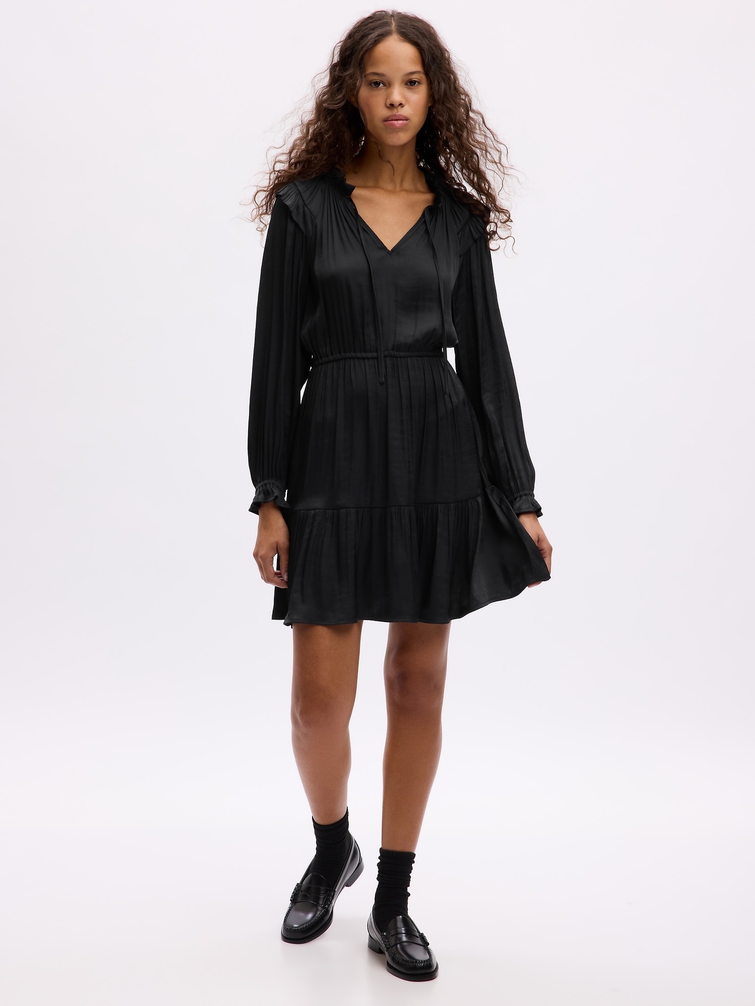 Gap Split-neck Tiered Mini Dress In Black