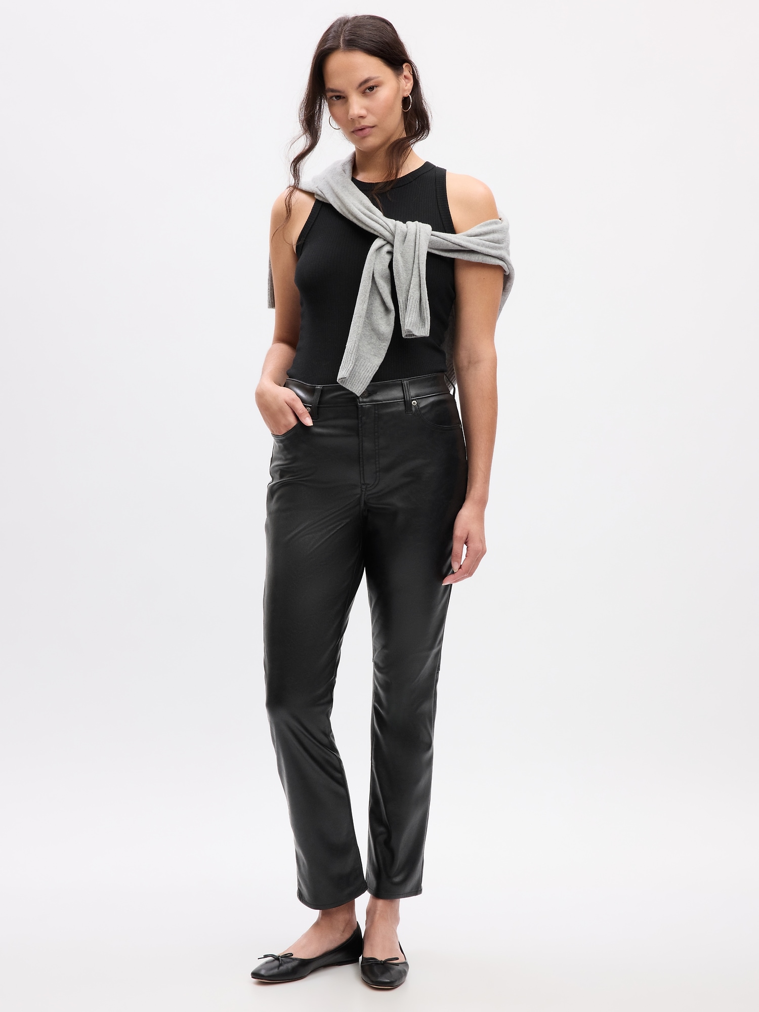 River Island straight cut faux leather trouser in black | ASOS