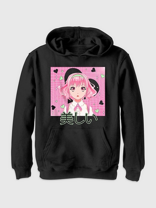 Image number 1 showing, Kids Pink Anime Graphic Hooded Sweatshirt