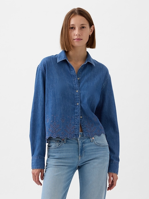 Image number 1 showing, Eyelet Cropped Denim Shirt