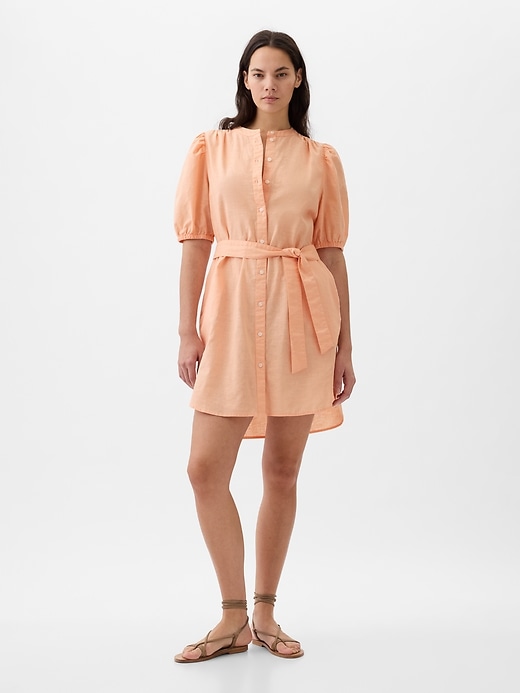 Image number 4 showing, Linen-Cotton Puff Sleeve Mini Shirtdress