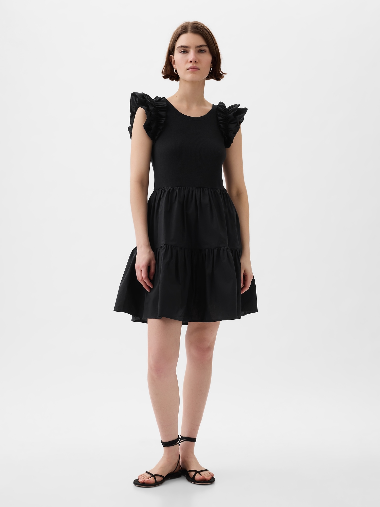 Gap Ruffle Sleeve Tiered Mini Dress In Black