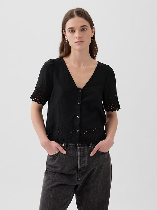 Linen-Blend Cropped Eyelet Shirt | Gap