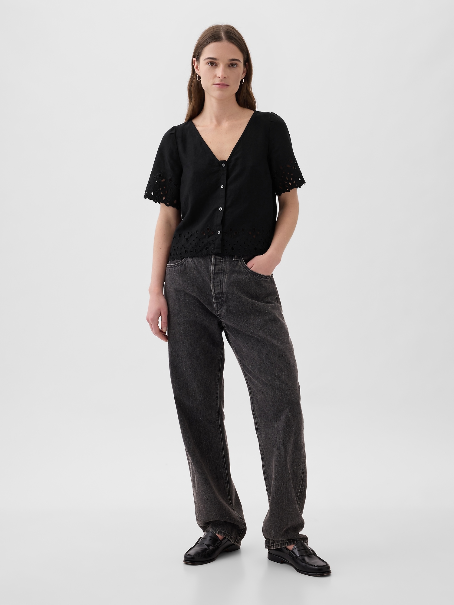 Linen-Blend Cropped Eyelet Shirt | Gap