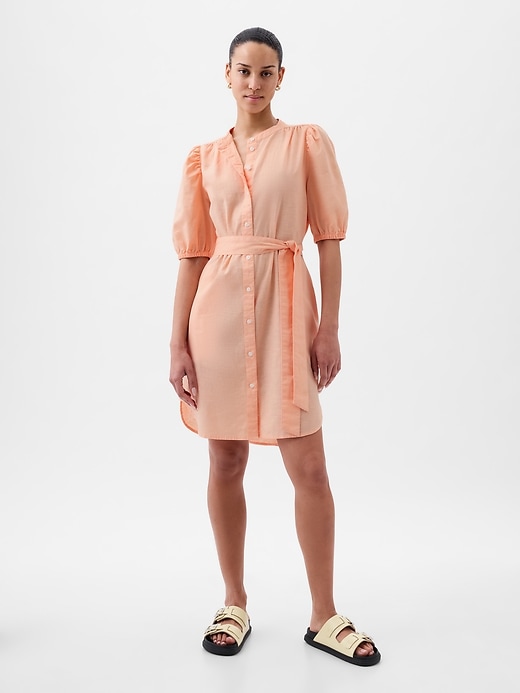 Image number 1 showing, Linen-Cotton Puff Sleeve Mini Shirtdress