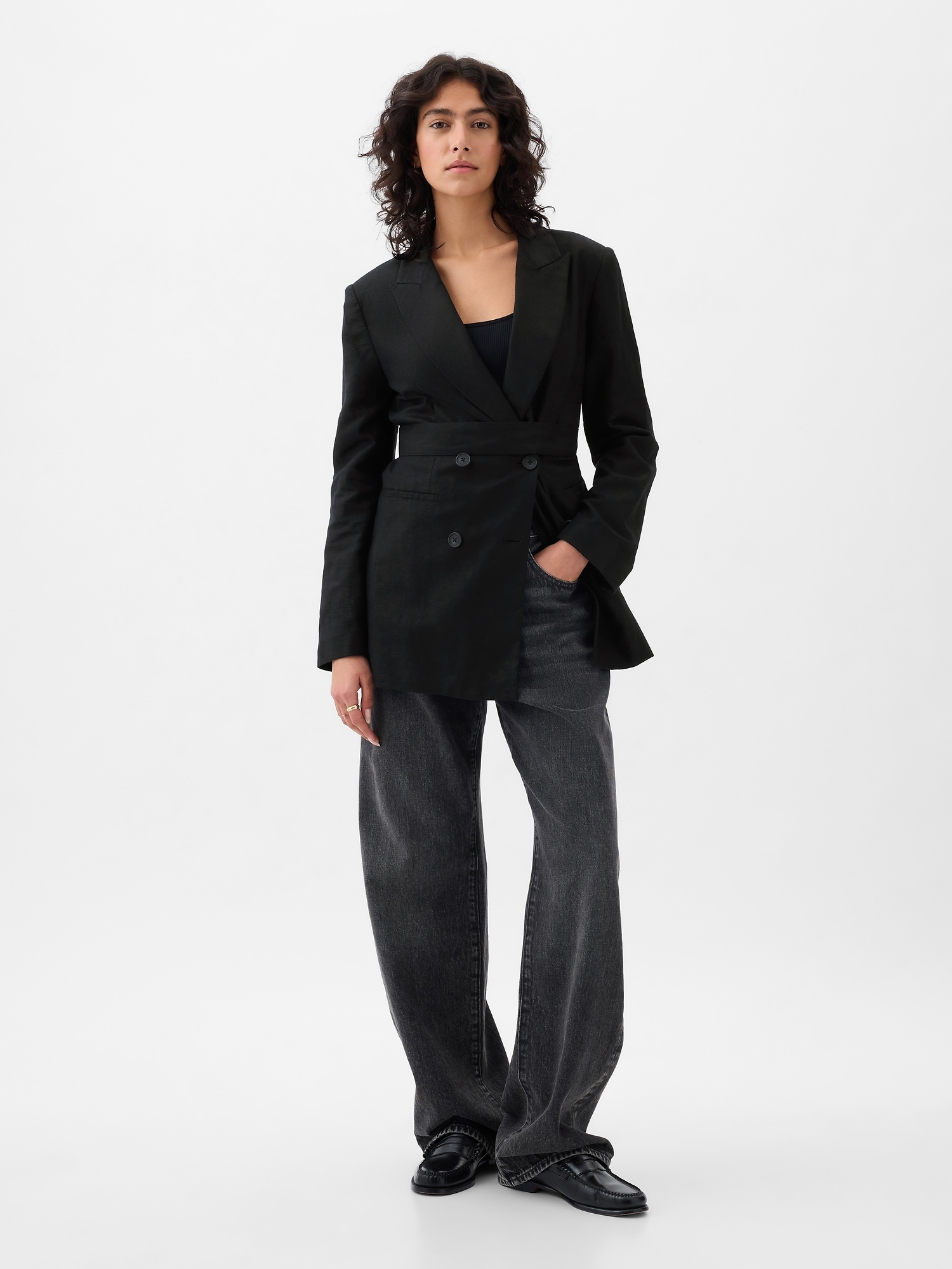 Gap Linen-cotton Belted Blazer In Black