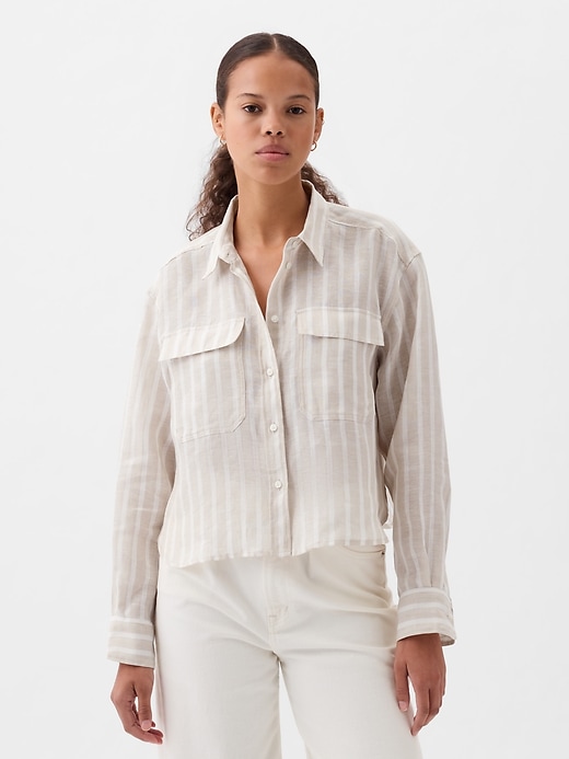 Image number 1 showing, 100% Linen Cropped Shirt
