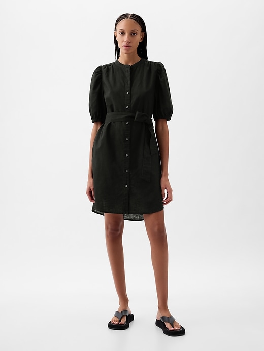 Image number 1 showing, Linen-Cotton Puff Sleeve Mini Shirtdress