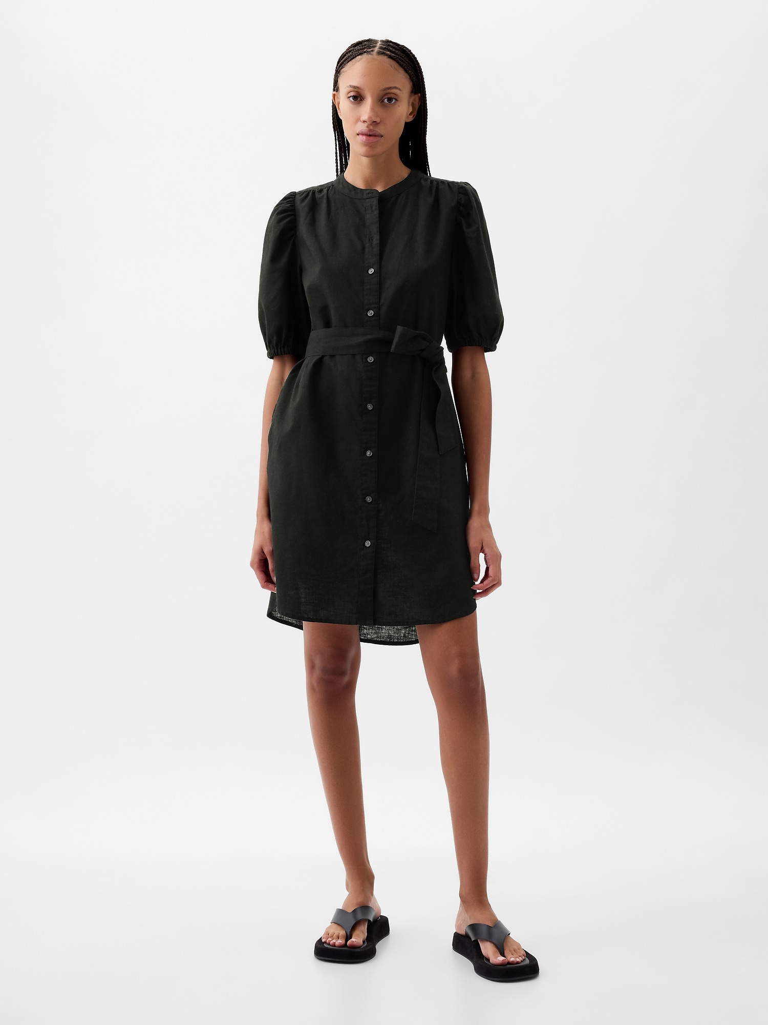 Shop Gap Linen-cotton Puff Sleeve Mini Shirtdress In Black