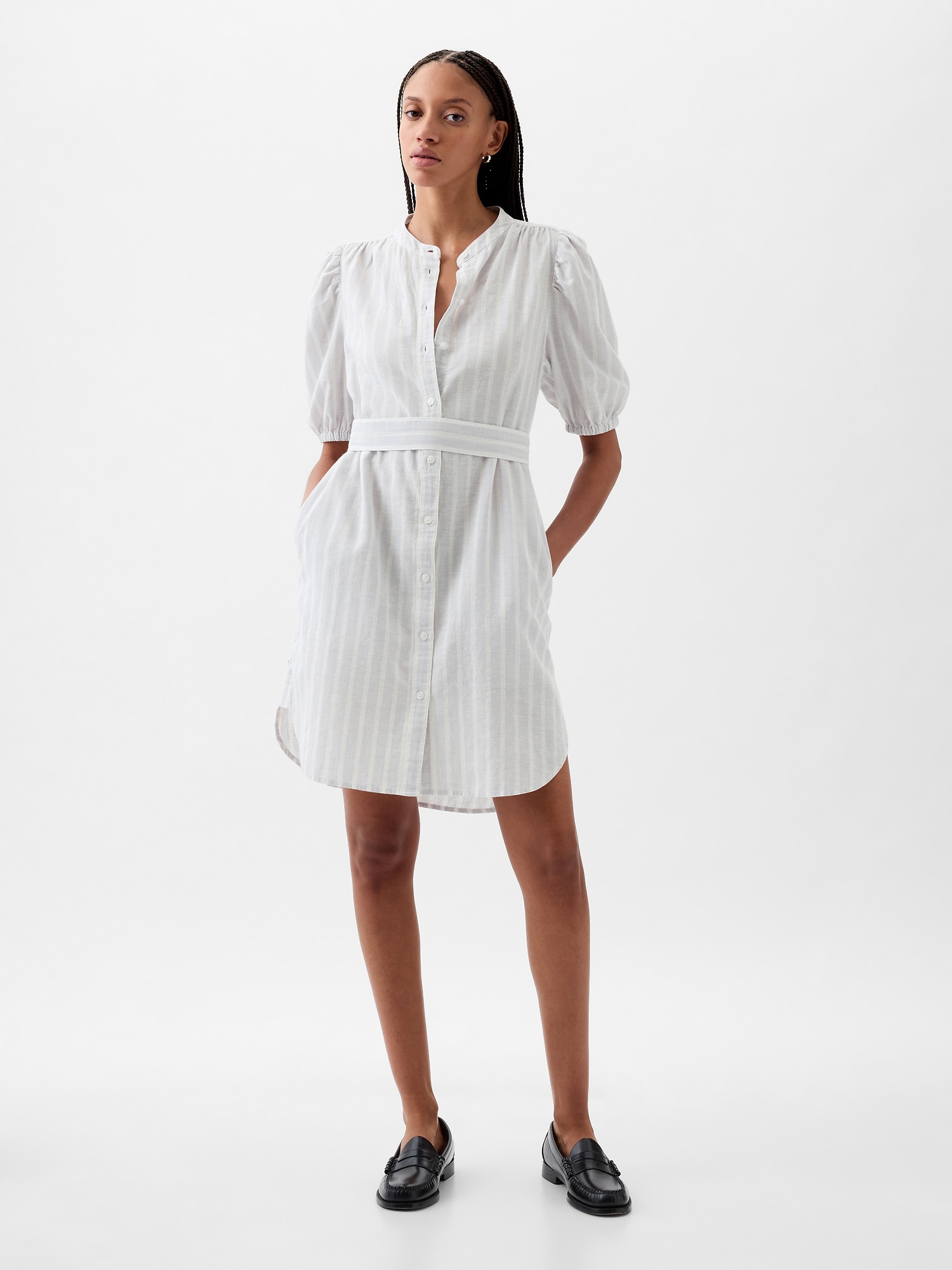 Linen-Cotton Puff Sleeve Mini Shirtdress
