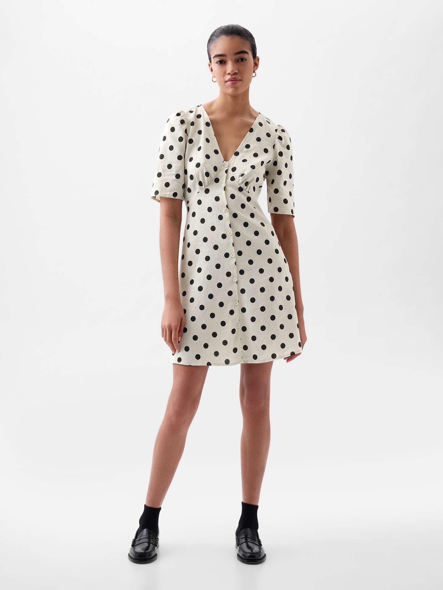 Gap Linen-blend Button Mini Dress In White With Black Polka Dot