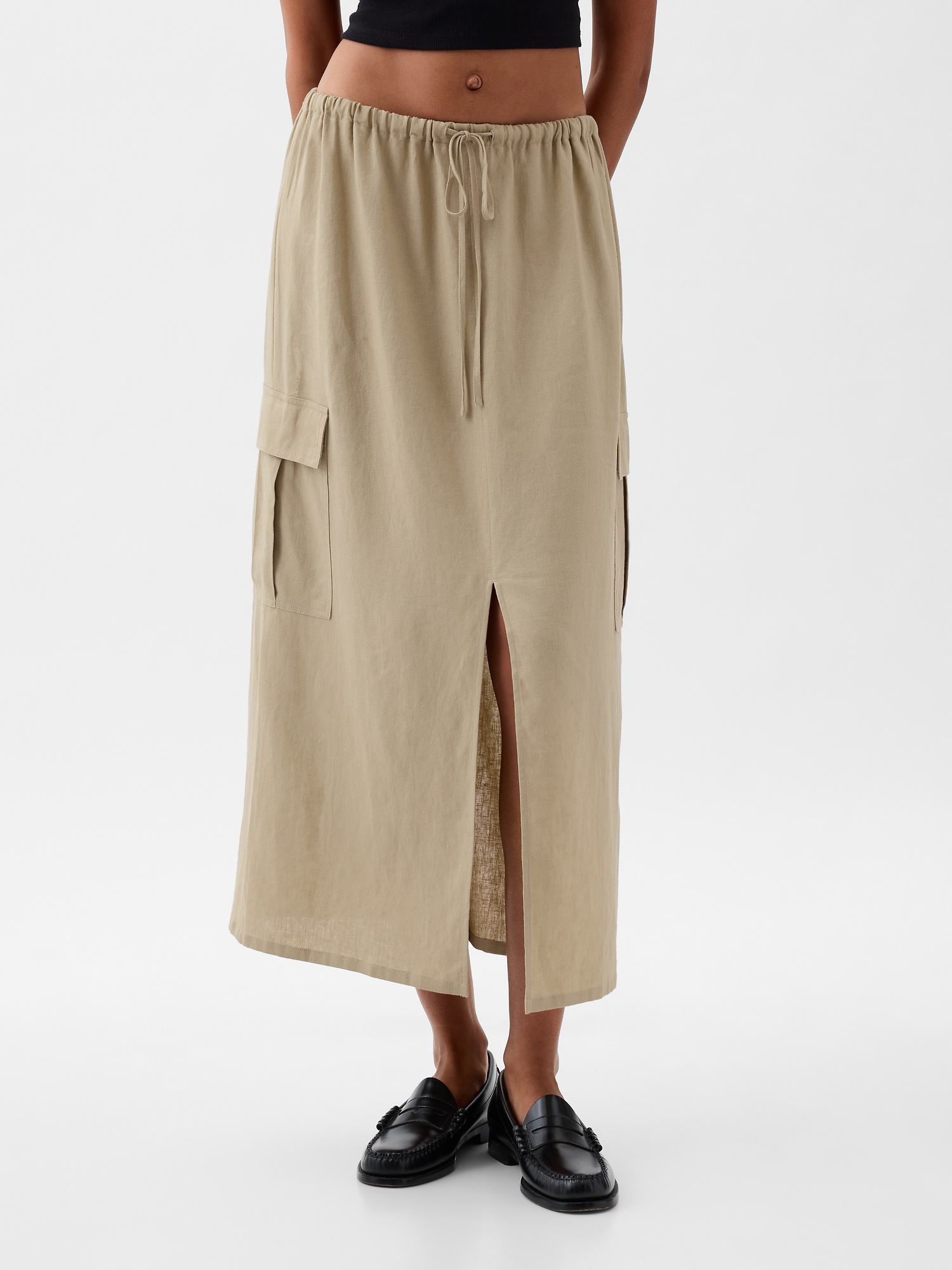 Linen-Blend Cargo Midi Skirt | Gap