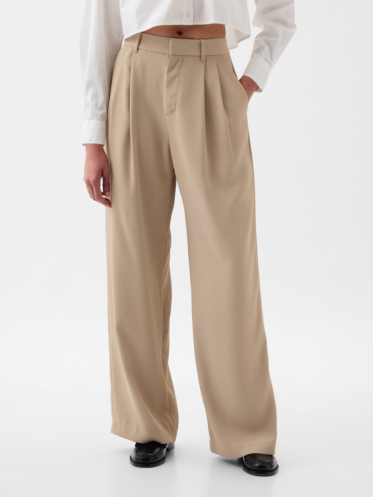RYRJJ Straight Wide Leg Long Trousers with Tie Belt for Women Pleated Front  High Waisted Business Work Pants Elegant Dress Trousers(Beige,M) -  Walmart.com