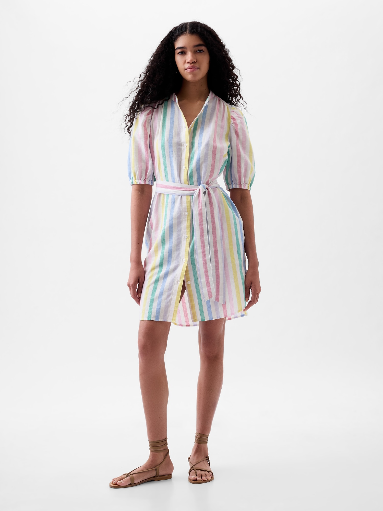 Shop Gap Linen-cotton Puff Sleeve Mini Shirtdress In Multi Color Stripe