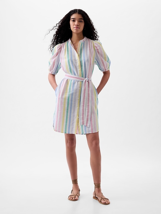 Image number 3 showing, Linen-Cotton Puff Sleeve Mini Shirtdress