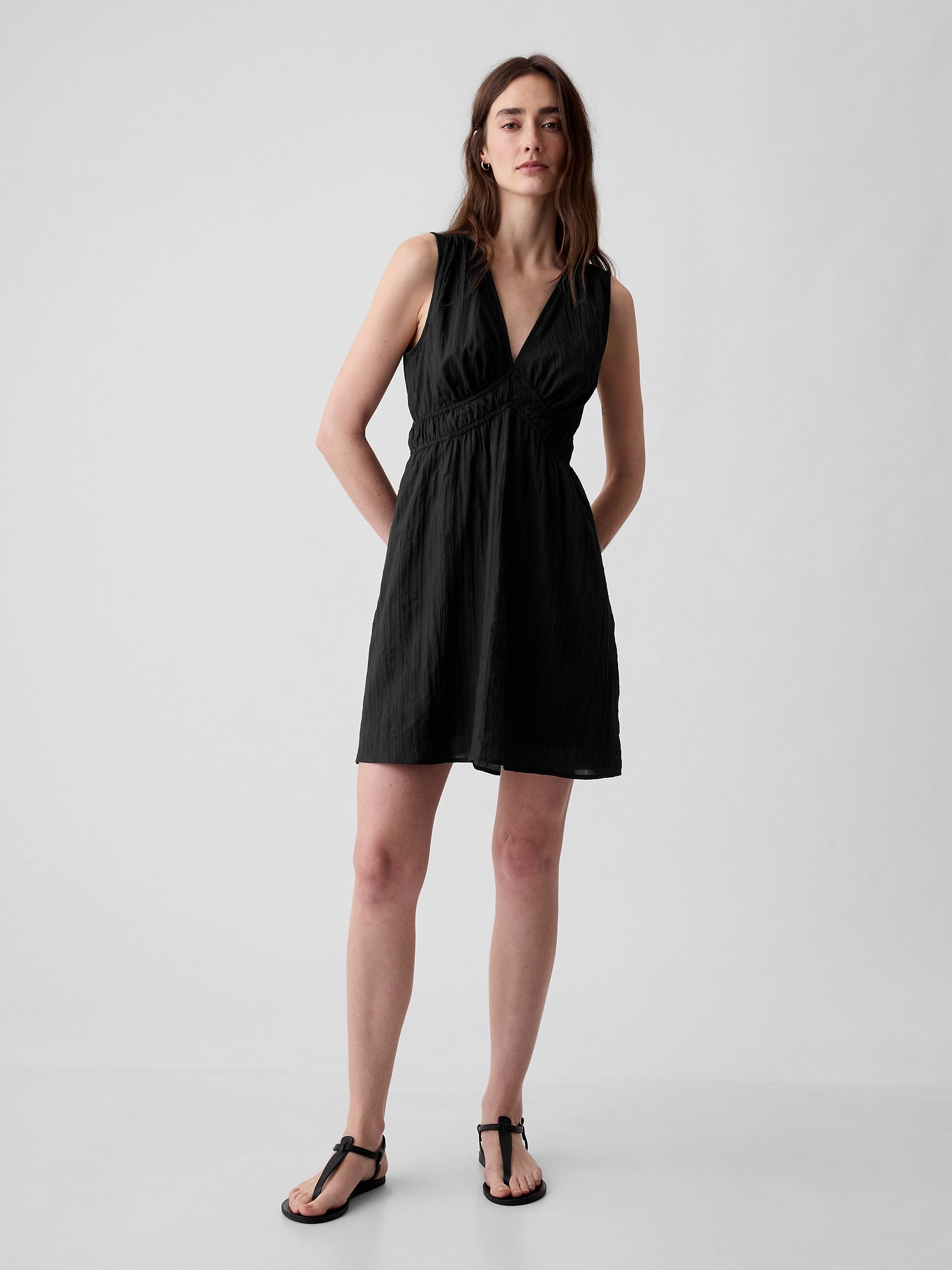 Shop Gap Textured Crinkle Empire Waist Mini Dress In Black