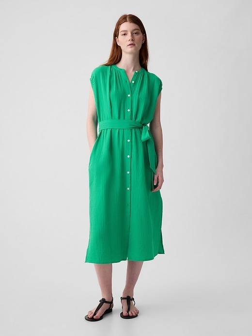 Image number 1 showing, Crinkle Gauze Belted Midi Dress