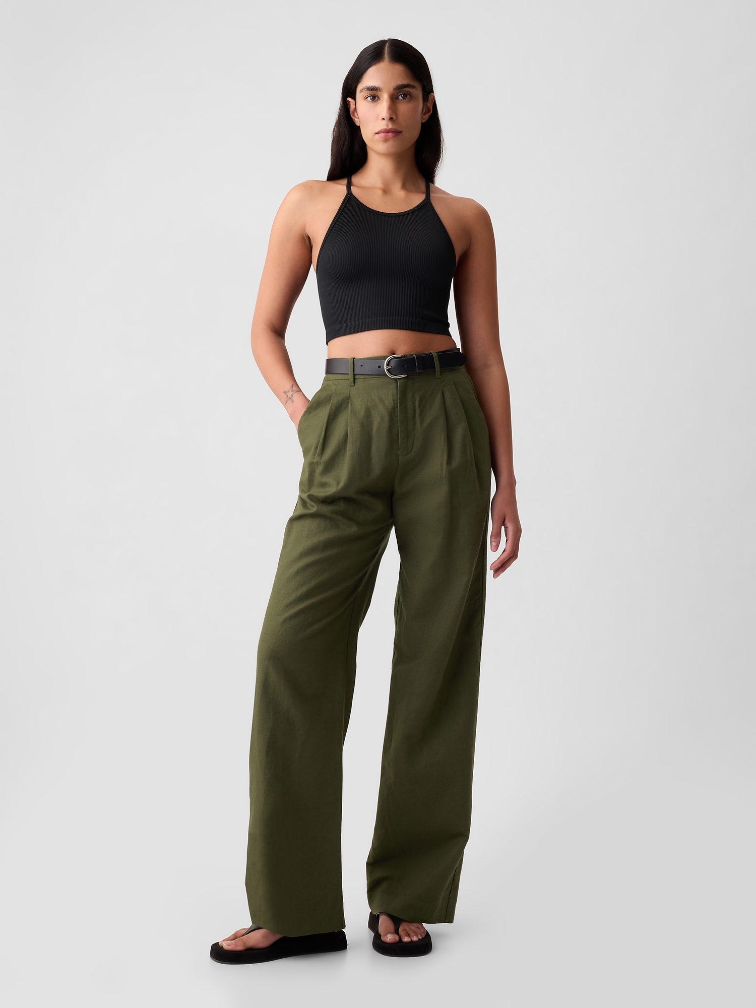 Gap 365 High Rise Linen-cotton Trousers In Olive Night