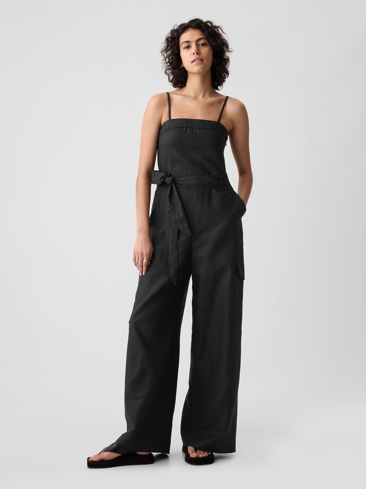 Shop Gap Linen-cotton Cargo Jumpsuit In Black