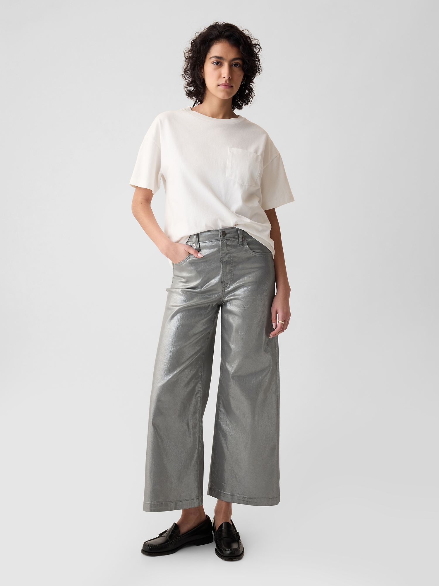 Gap High Rise Stride Metallic Wide-leg Ankle Jeans In Silver