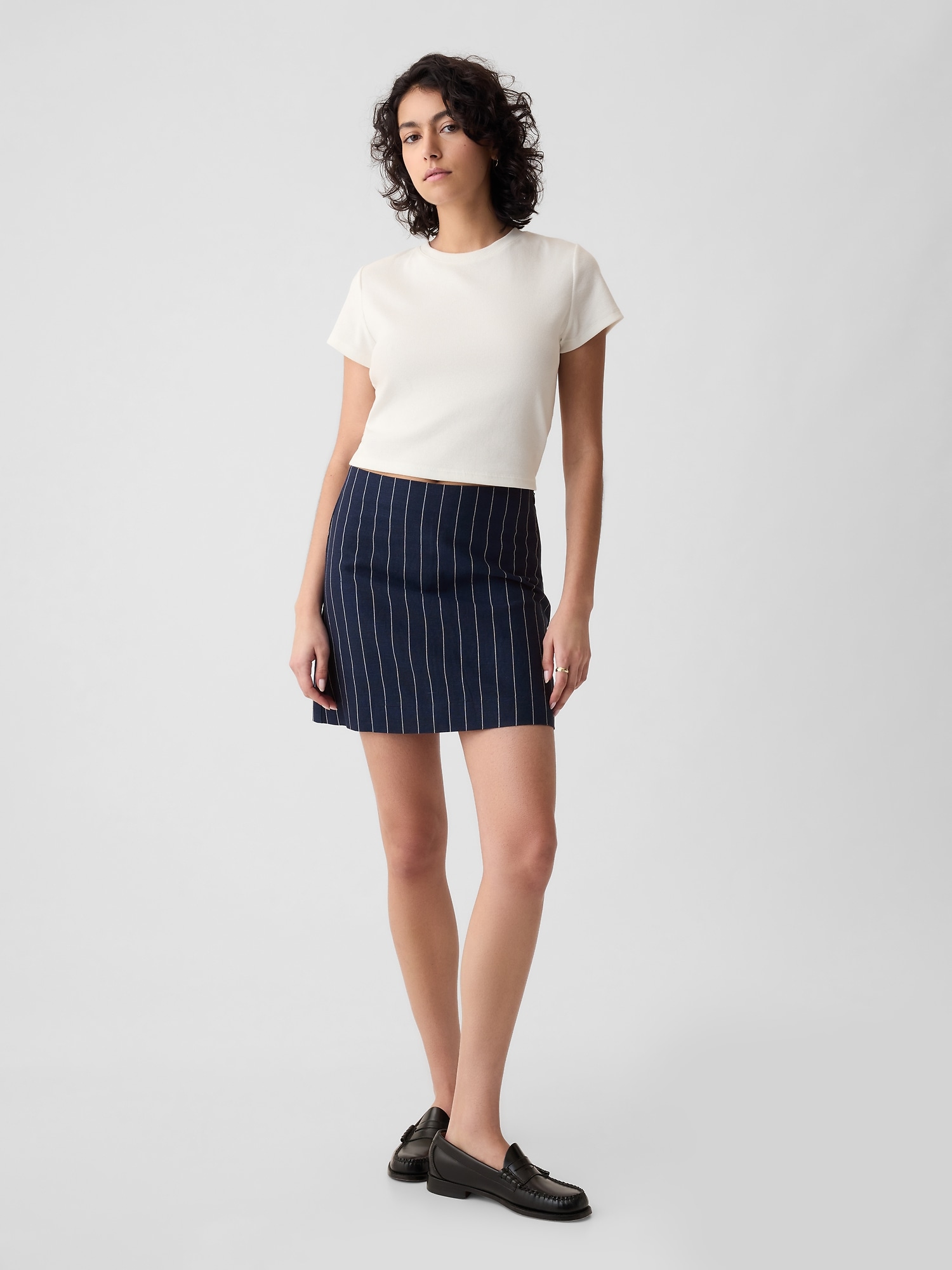 Gap Linen-cotton Mini Skirt In Navy Blue Pinstripe