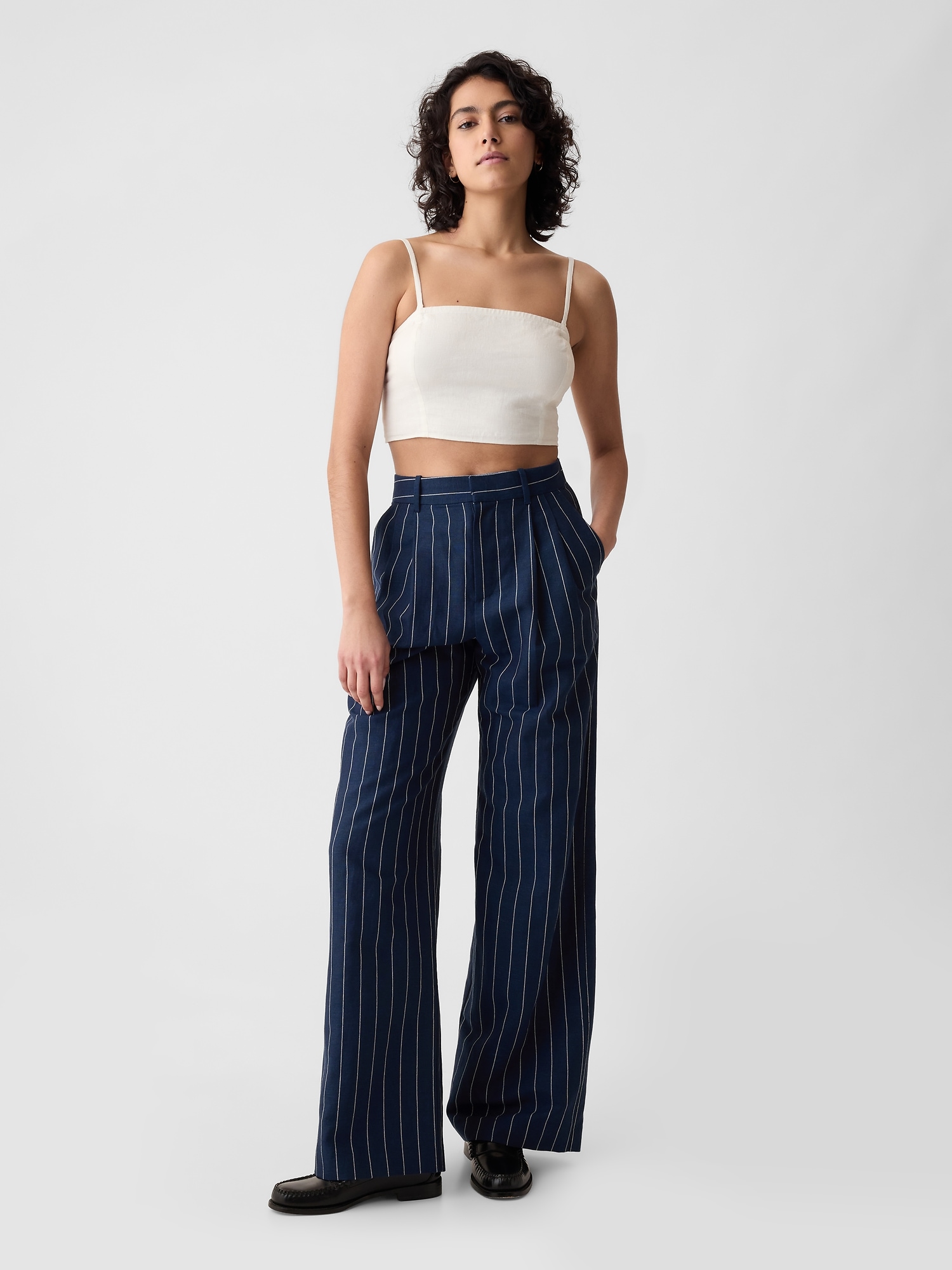 Gap 365 High Rise Linen-cotton Trousers In Navy Pinstripe