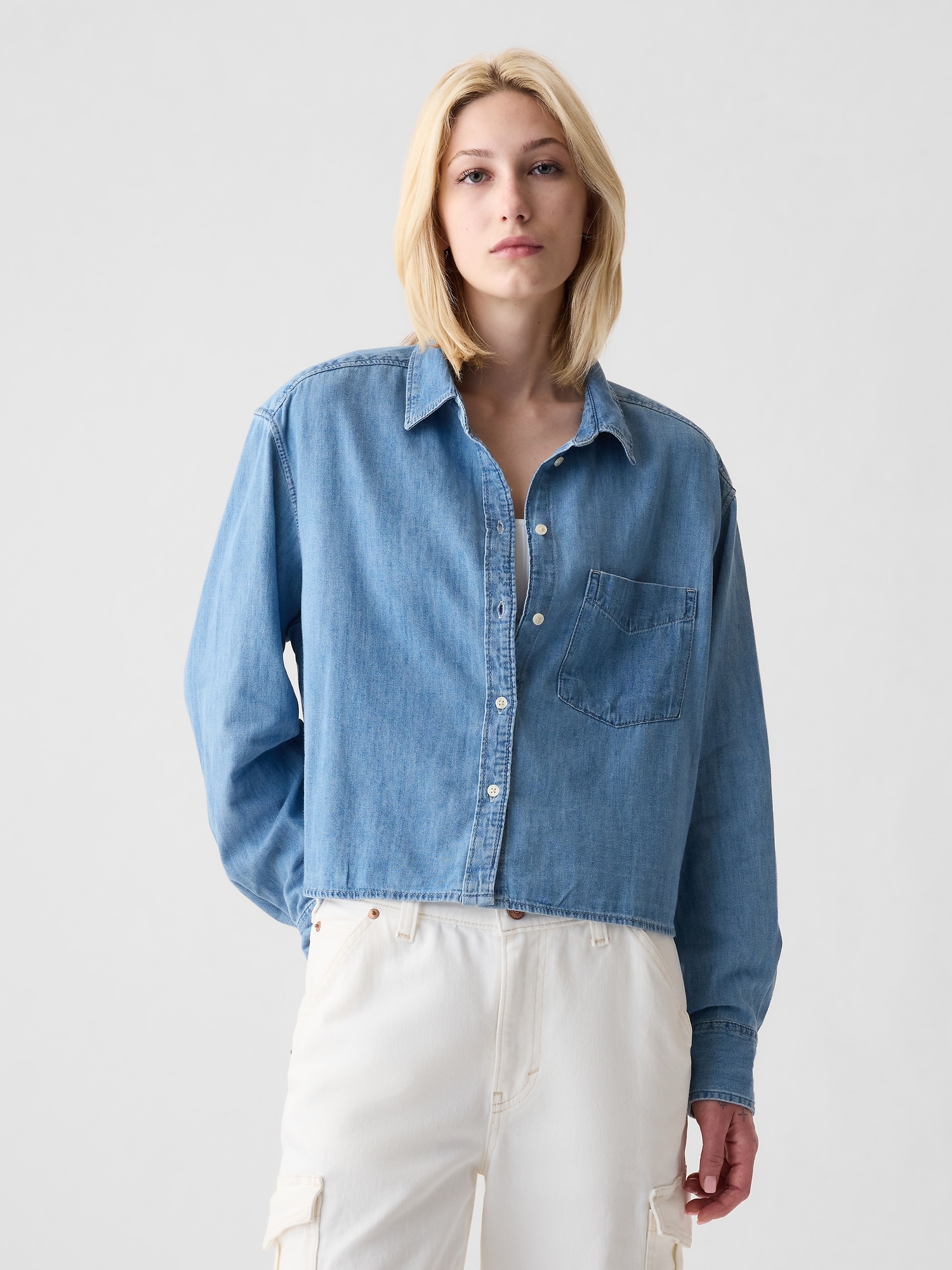 Womens Summer Denim Shirt with Back Split Casual Long Sleeve Turn Down  Collar Jean Blouse Tops with Pockets Blue at Amazon Women's Clothing store