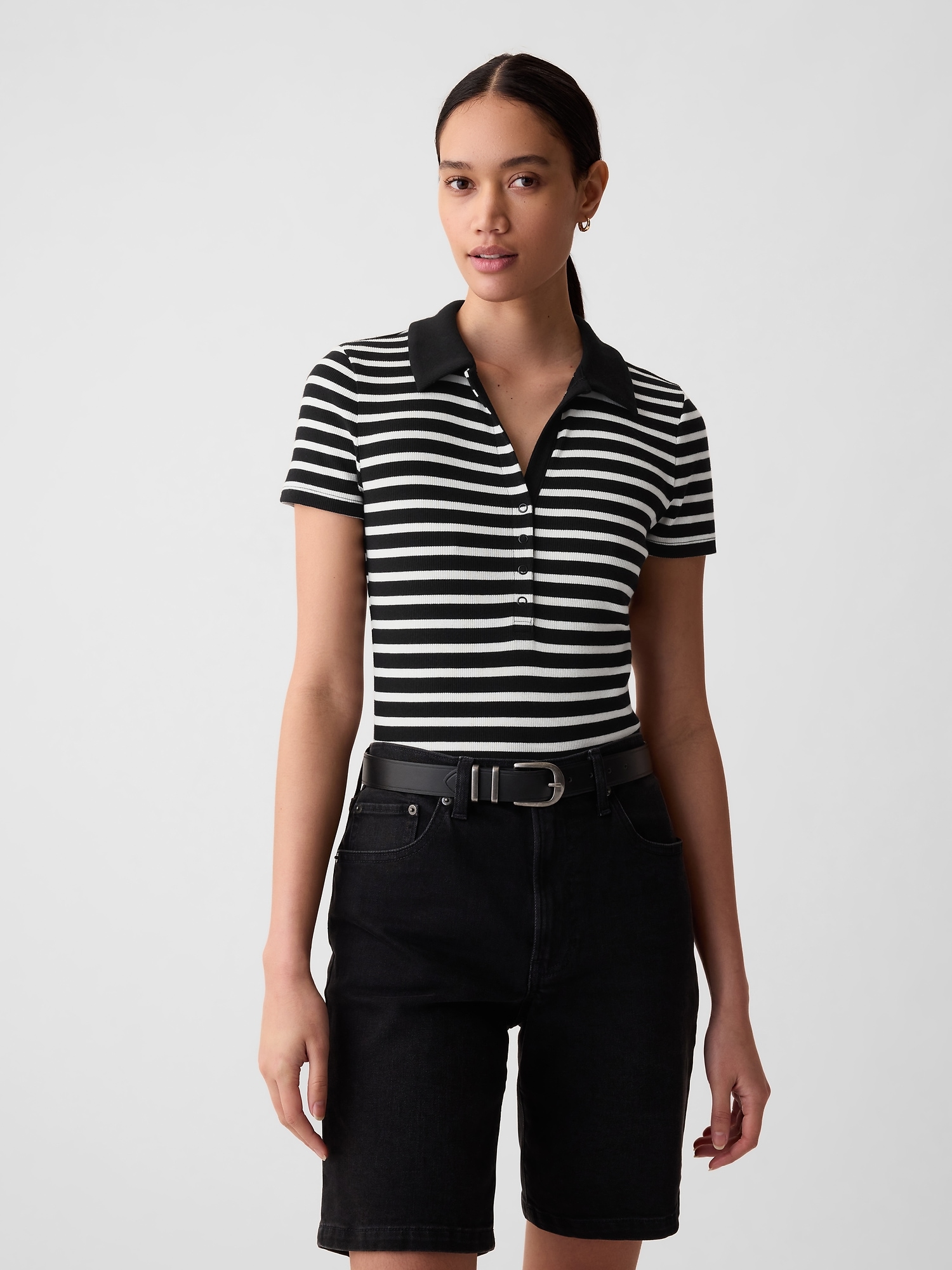 Shop Gap Modern Rib Polo Shirt Bodysuit In Black & White Stripe