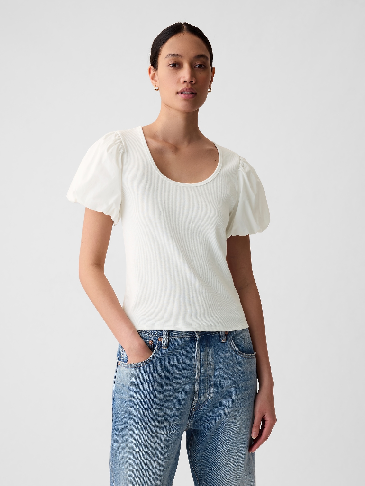 Shop Gap Modern Rib Puff Sleeve Shirt In Off White