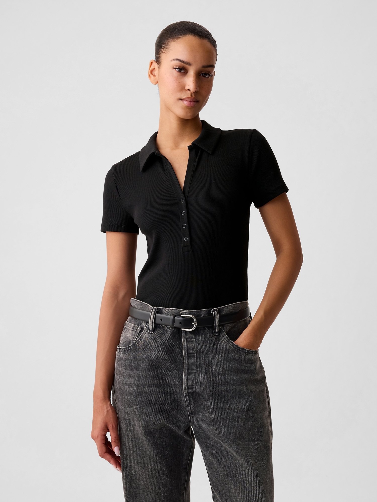 Shop Gap Modern Rib Polo Shirt Bodysuit In Black