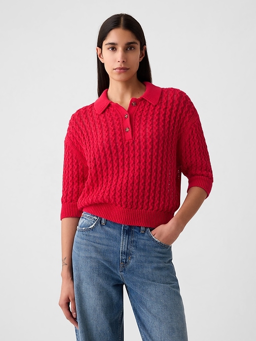 Image number 1 showing, Linen-Cotton Textured Polo Sweater