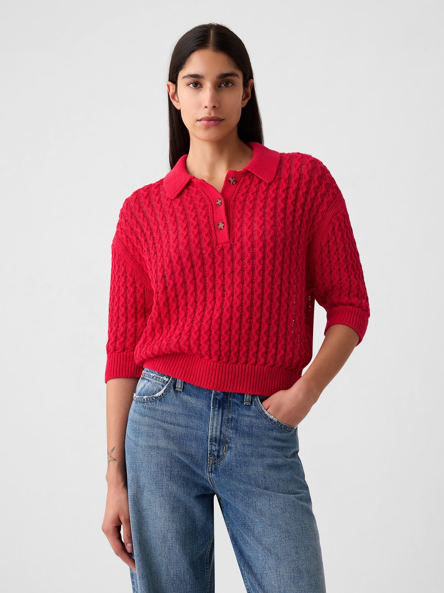 Linen-Cotton Textured Polo Sweater
