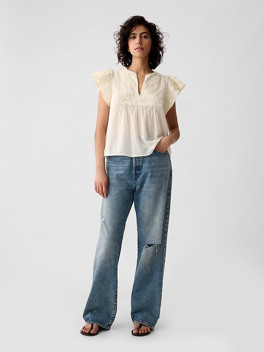 Image number 3 showing, Crinkle Gauze Embroidered Cropped Shirt