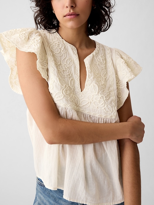 Image number 4 showing, Crinkle Gauze Embroidered Cropped Shirt