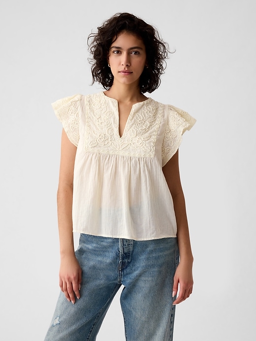 Image number 1 showing, Crinkle Gauze Embroidered Cropped Shirt
