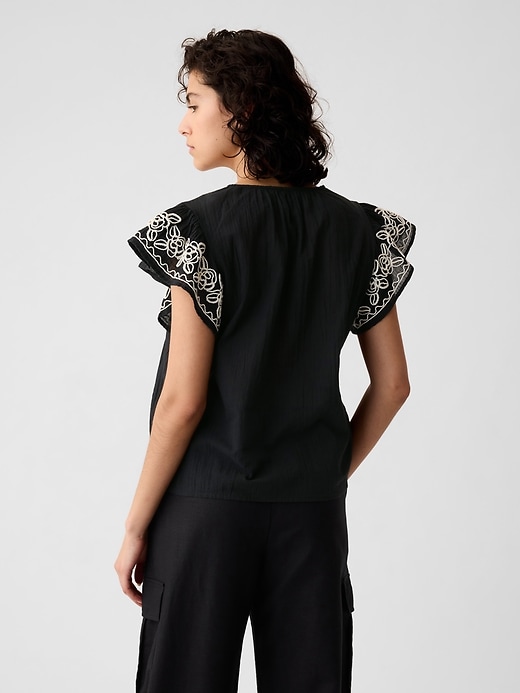 Image number 2 showing, Crinkle Gauze Embroidered Cropped Shirt