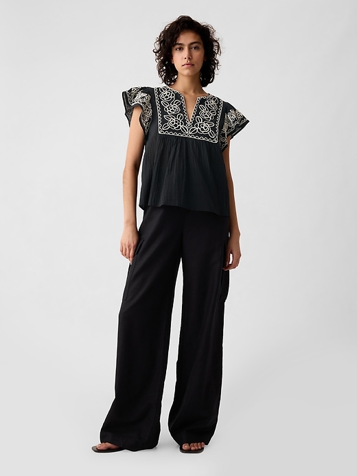 Image number 3 showing, Crinkle Gauze Embroidered Cropped Shirt