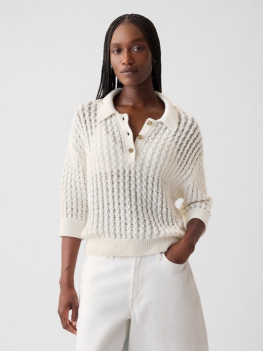 Image number 1 showing, Linen-Cotton Textured Polo Sweater