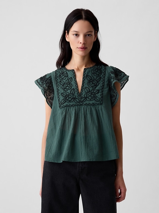 Image number 1 showing, Crinkle Gauze Embroidered Cropped Shirt