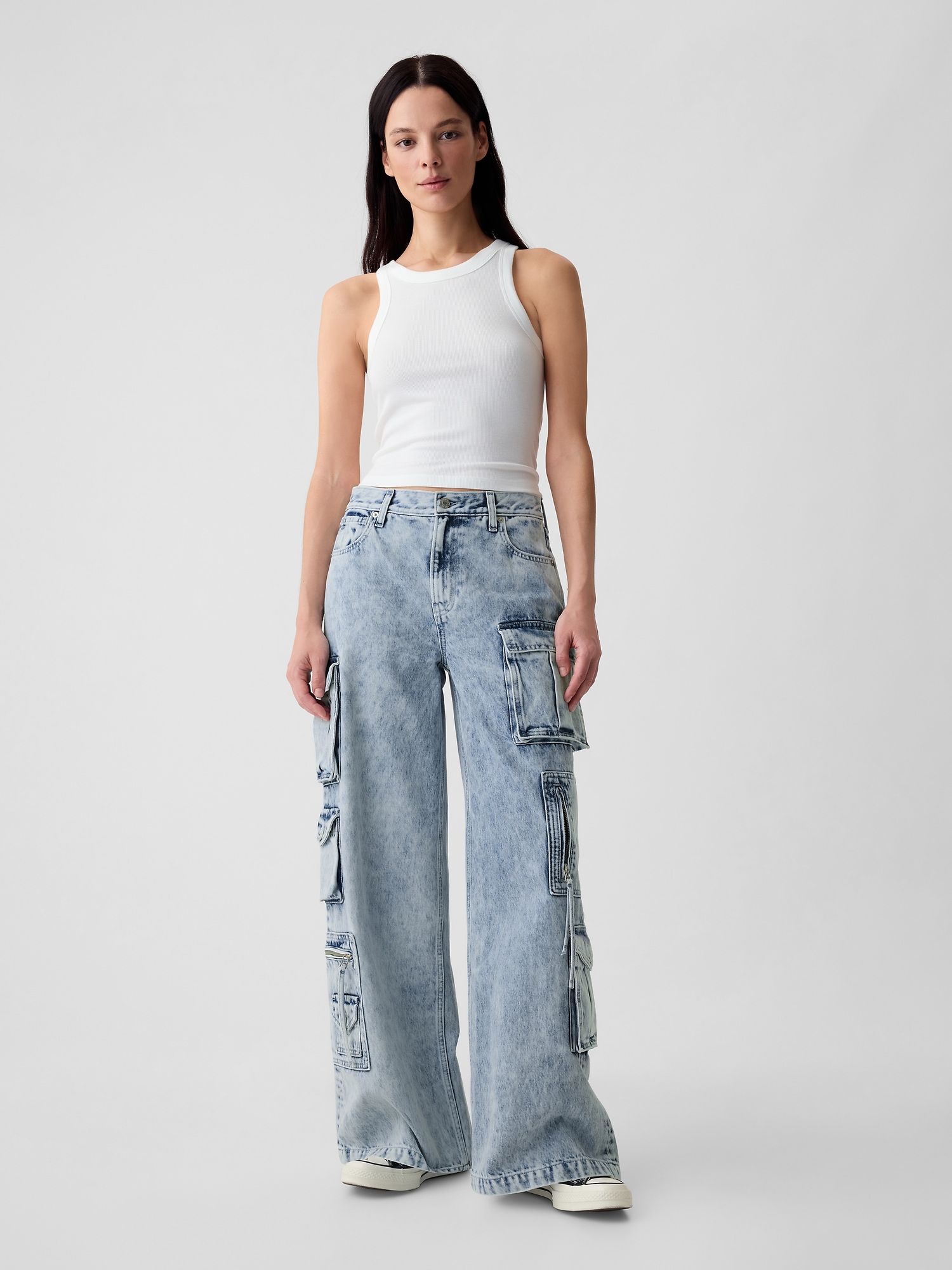 Shop Gap Mid Rise Cargo Baggy Jeans In Light Indigo
