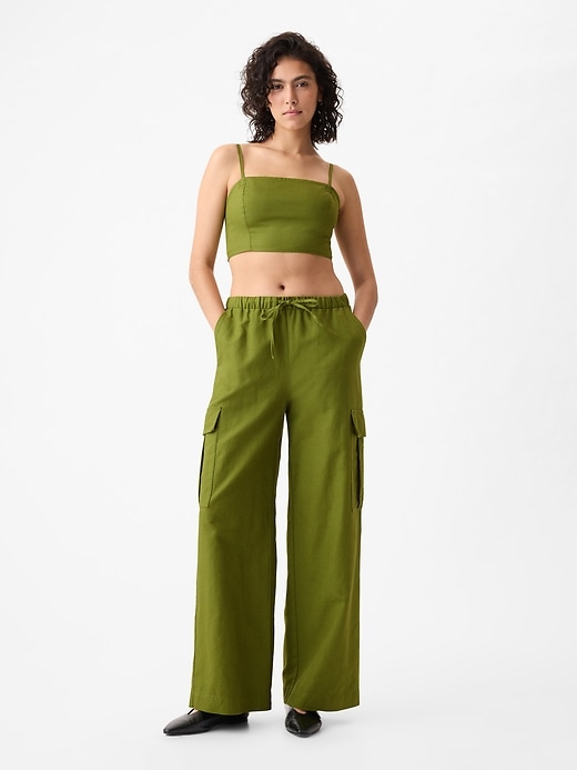 Image number 1 showing, Mid Rise Linen-Cotton Pull-On Cargo Pants