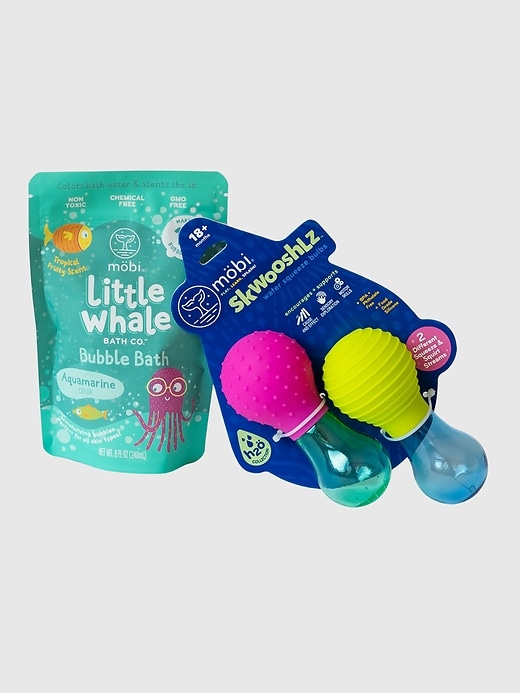 Image number 1 showing, Mobi Little Whale Aquamarine Bubble Bath Powder and Bath Toy Bundle