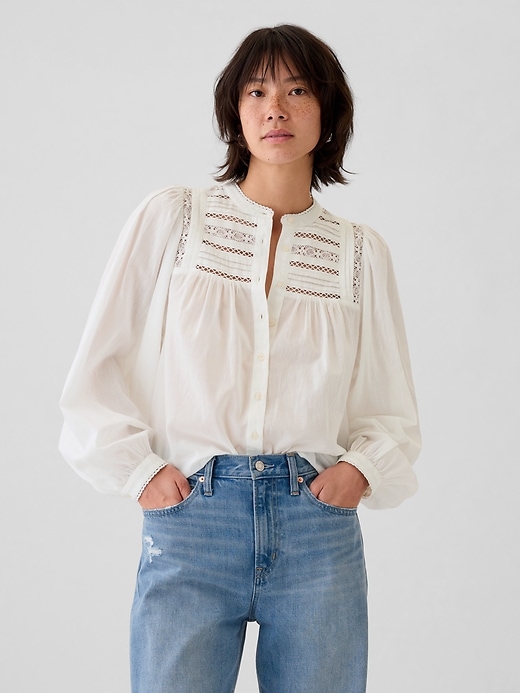 Image number 1 showing, Puff-Sleeve Lace-Trim Shirt