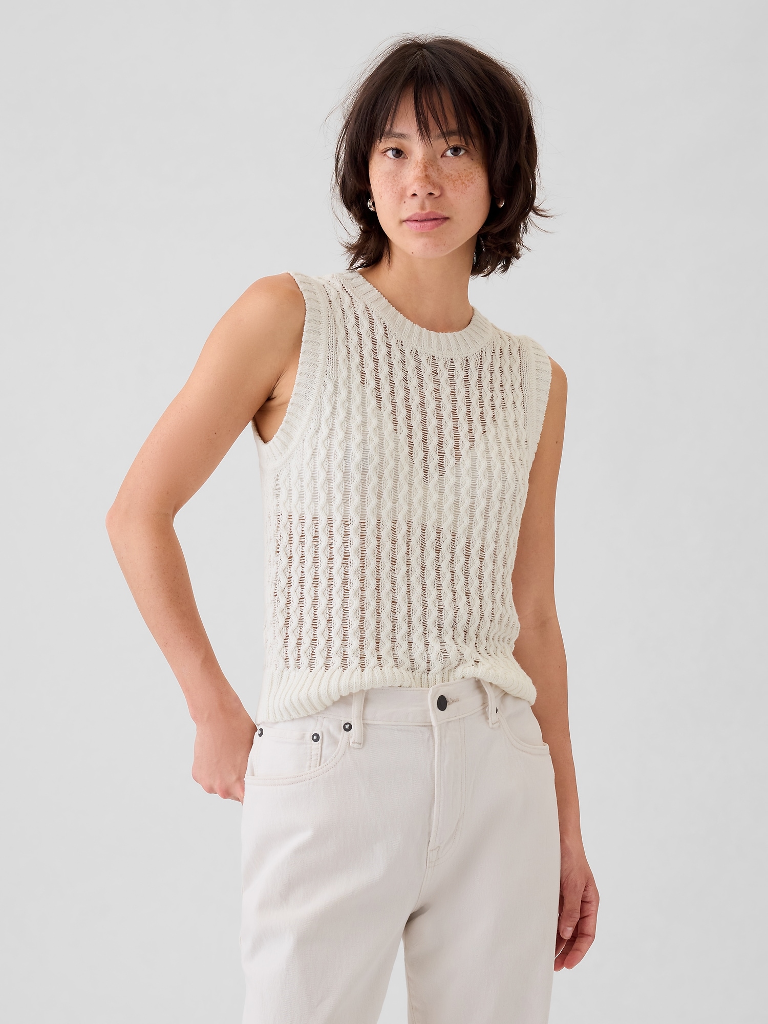 Linen-Cotton Textured Knit Tank Top