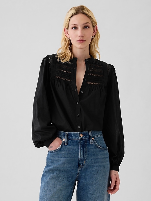 Image number 1 showing, Puff-Sleeve Lace-Trim Shirt