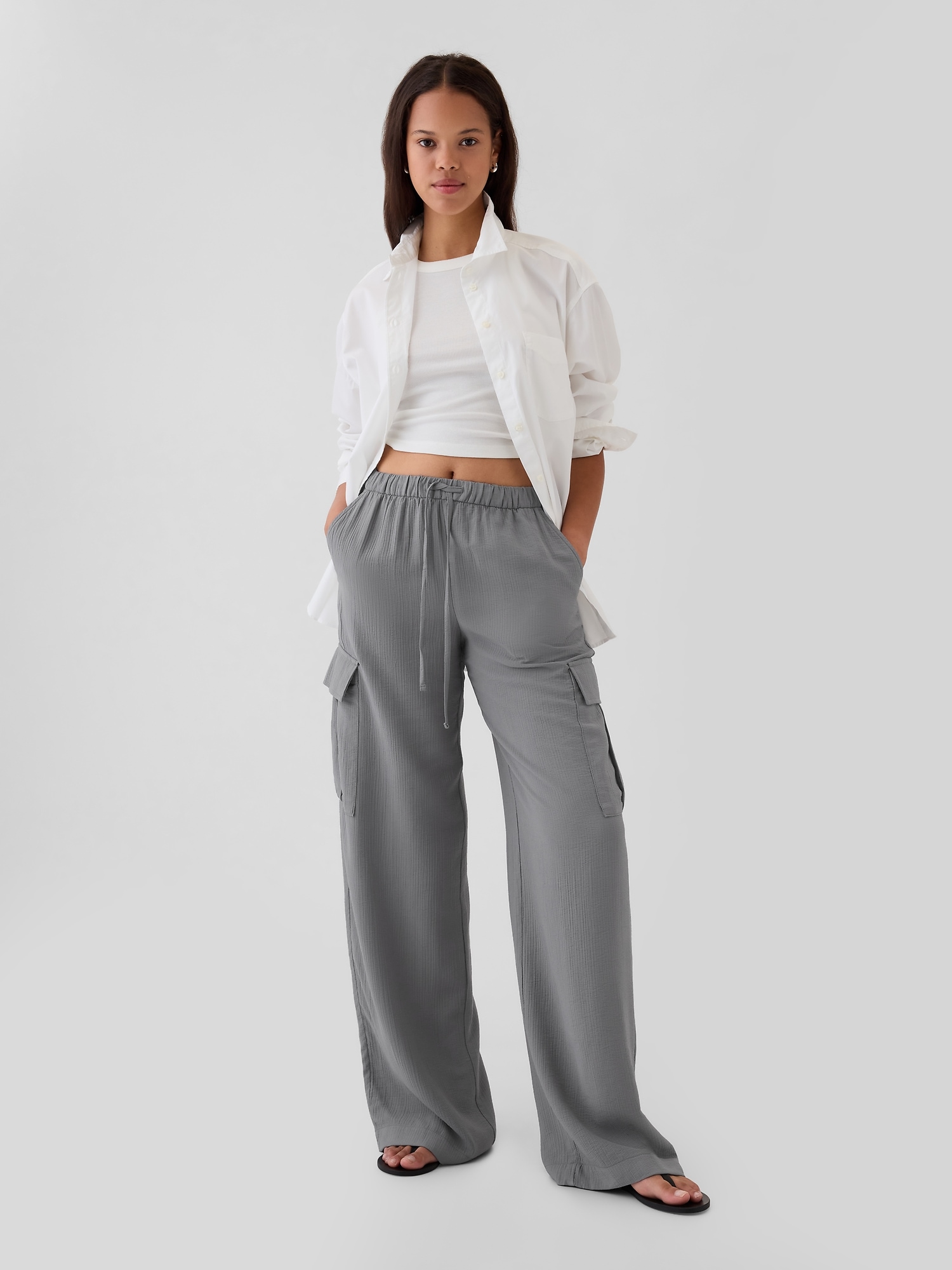 High Rise Crinkle Texture Pull-On Cargo Pants