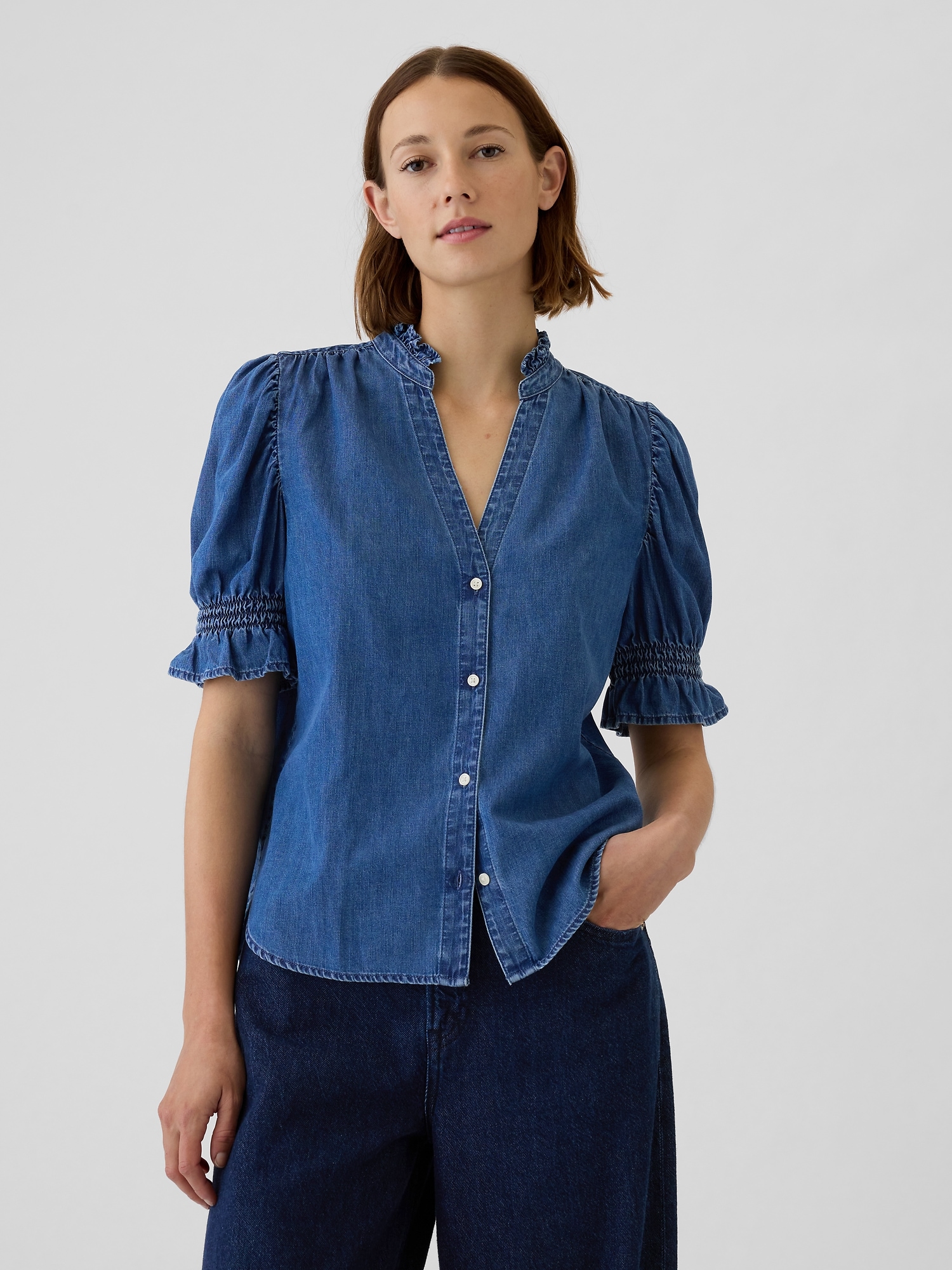 Puff Sleeve Denim Shirt - Blue