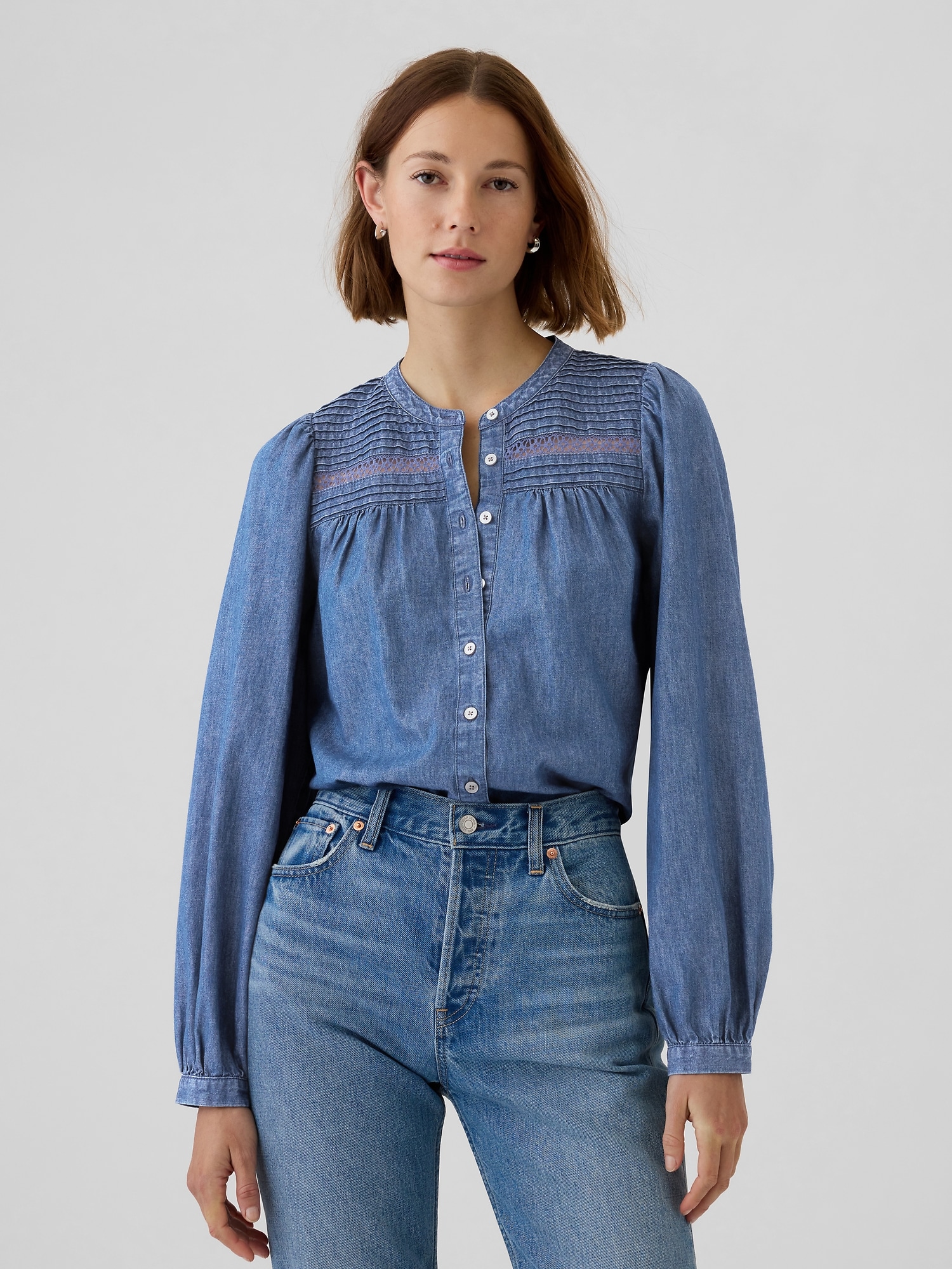 Lace-Trim Denim Shirt