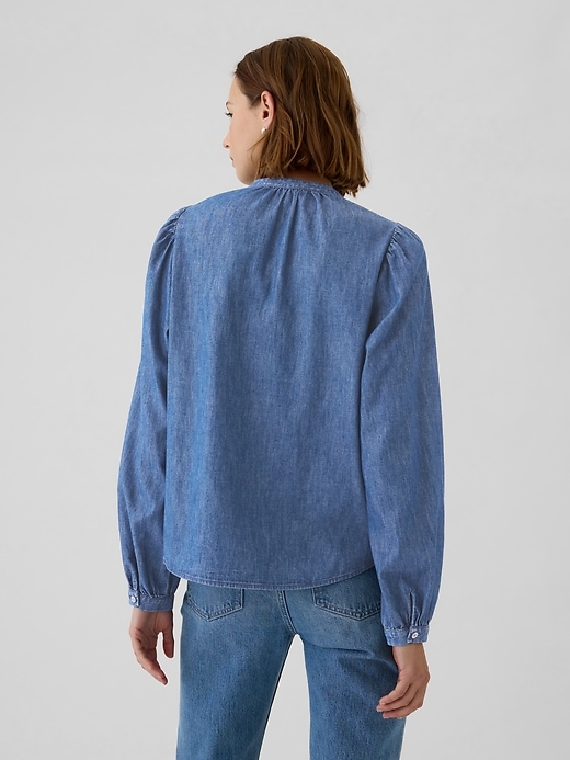 Image number 2 showing, Puff Sleeve Lace-Trim Denim Shirt